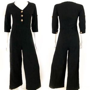 Vintage black retro LINEN jumpsuit, 3/4 lengths